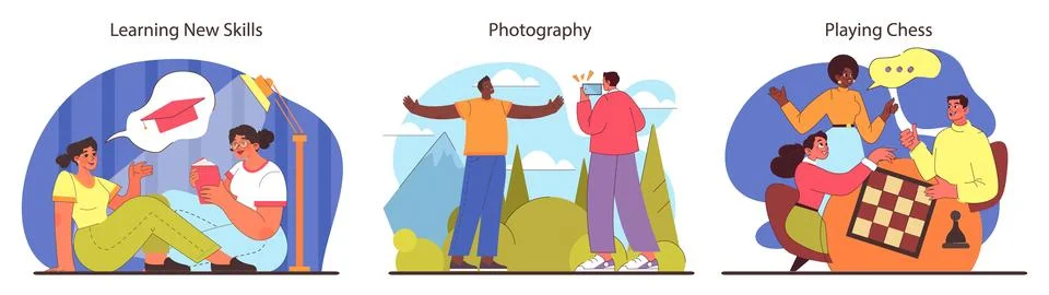 Friends exchanging knowledge, capturing memories with photography, and indulging 스톡 일러스트