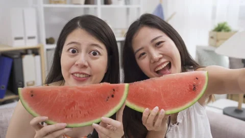 Friends funny face with watermelon taking selfie Stock Footage 134104765