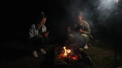 Friends gathering around campfire while using smartphones Stock Footage 301401346