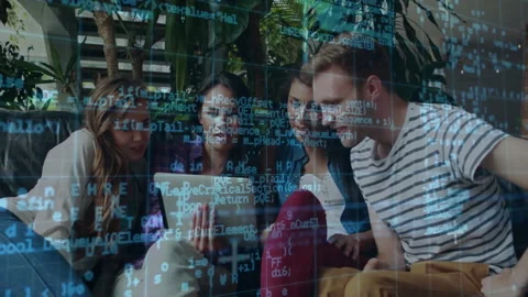 Friends gathering on sofa code overlay sweeping initiating technology problem Stock Footage 310662780