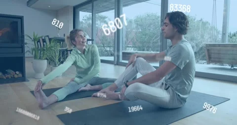 Friends grabbing rod performing partner and hamstring stretches with animated Stock Footage 320088367
