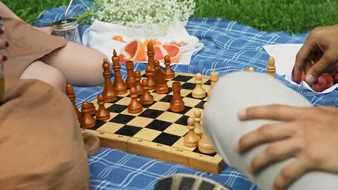 Friends had a picnic and started playing chess in nature in the summer Stock Footage 158322952