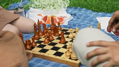 Friends had a picnic and started playing chess in nature in the summer Stock Footage 159910117