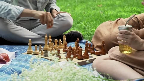 Friends had a picnic and started playing chess in nature in the summer Stock Footage 159910167