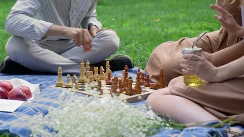 Friends had a picnic and started playing chess in nature in the summer Stock Footage 171824352
