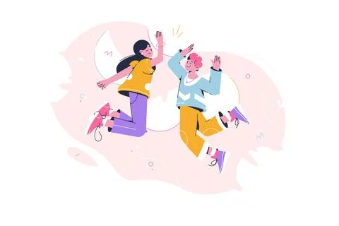 Friends hands give high five together in the jump. Team High Five. Happy people Stock Illustration