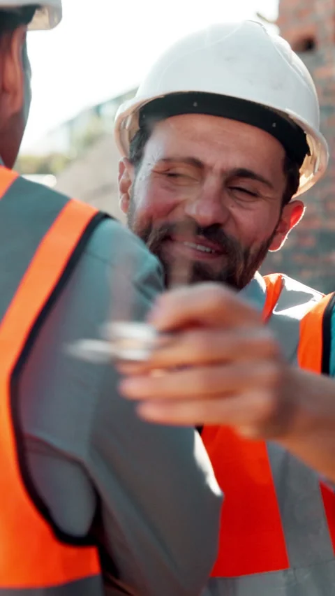 Friends, handshake and men at construction site for architecture, collaboration Stock Footage 336182958