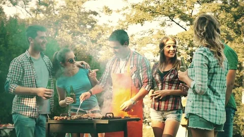 Friends having a barbecue party in nature Stock Footage