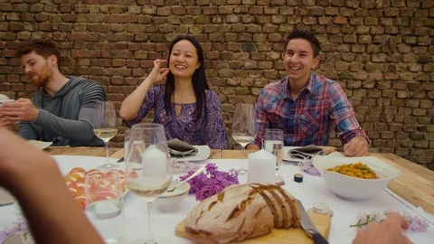 Friends having a dinner outside Stock Footage 95317174
