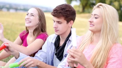 Friends having fun and blowing soap bubbles in park. Stock Footage 53484445