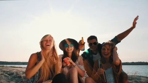 Friends having fun and enjoying beach festival Stock Footage 80492395