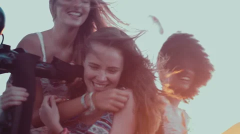 Friends having fun at sunset on a road trip Stock Footage 48431408