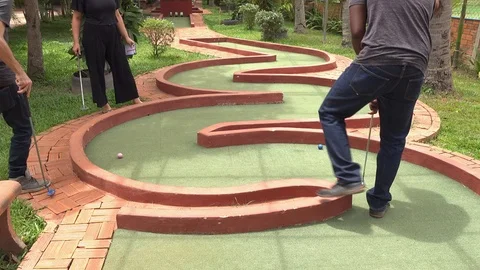 Friends Having Fun in the Sunshine at the Mini Golf Stock Footage 114206353