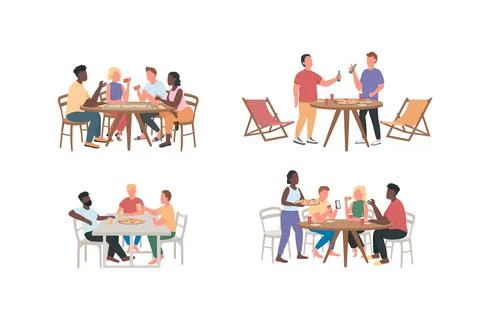 Friends having fun together flat color vector faceless characters set Stock Illustration