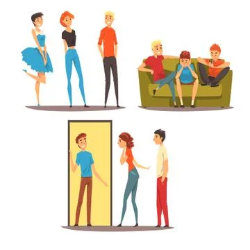 Friends having a good time together, people come to friends home, talking, best Stock Illustration