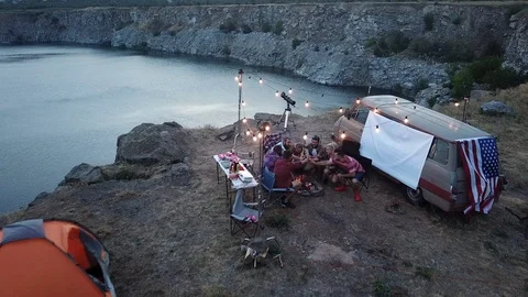 Friends Having Rest in Campsite Having Drinks Video stock 120072711