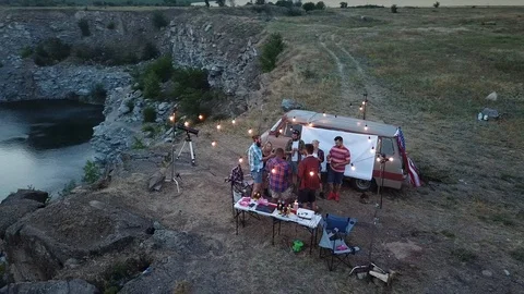 Friends Having Rest in Campsite Having Drinks Stock Footage 120073872