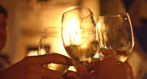 Friends Having Wine Toasting Clinking Wine Glasses Sophisticated Dinner Party Stock Footage