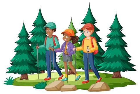 Friends Hiking in the Forest Stock Illustration