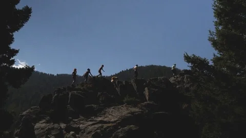 Friends Hiking Running Up Mountain Slow Motion 1080p Stock Footage