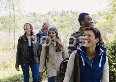 Friends hiking in woods Stock Photos