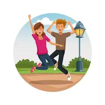 Friends jumping at park Ilustración de archivo