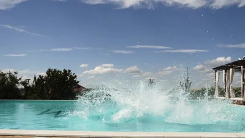 Friends jumping together into a pool Stock Footage 337254408