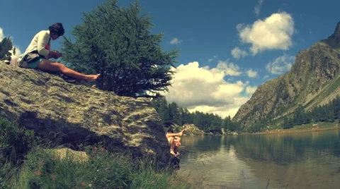 Friends at the lake Stock Footage 41714243