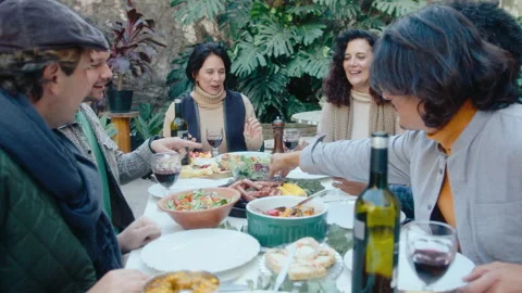 Friends Laughing on Dinner Party in the Backyard Stock Footage 252236622