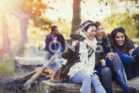 Friends laughing roasting marshmallows at campfire Stock Photos