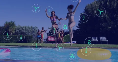 Friends linking hands, sprinting into backyard pool causing eco icons drifting Stock Footage 313077551