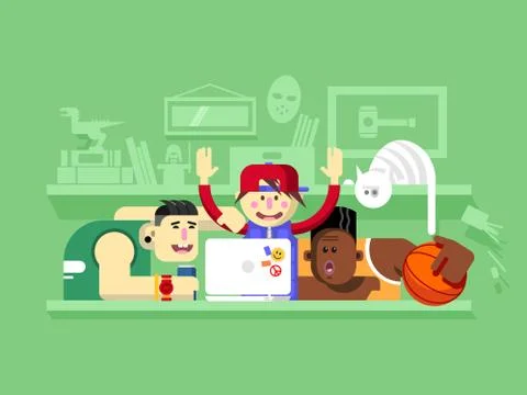 Friends looking at laptop screen Stock Illustration