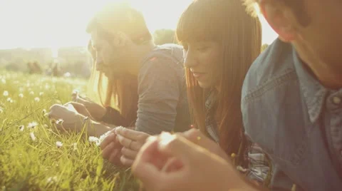 Friends lying on grass in the park Stock Footage 62777290