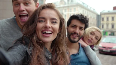 Friends Making Video Call Or Recording Video Outdoors Front View Stock Footage 100875501