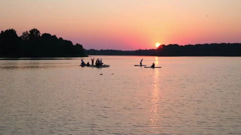 Friends on paddle boards during sunset on lake. Group of women and men Stock Footage 340356522