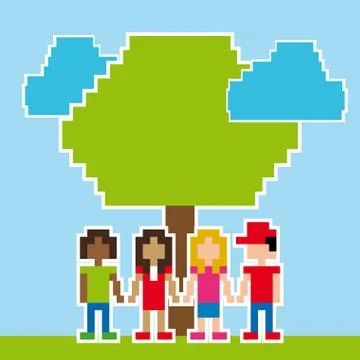 Friends pixel design over sky background vector illustration 库存插图