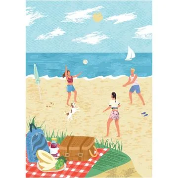 Friends play beach volleyball game vector cartoon Stock Illustration