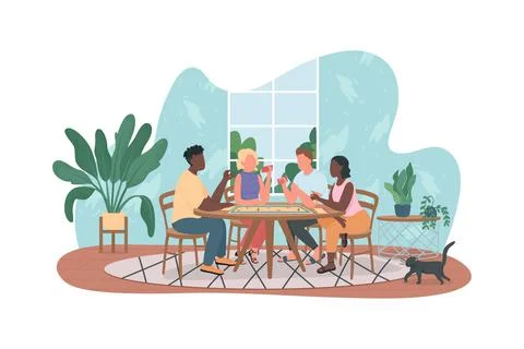 Friends play table games 2D vector web banner, poster Stock Illustration