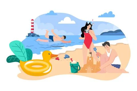Friends Playing at the beach Stock Illustration