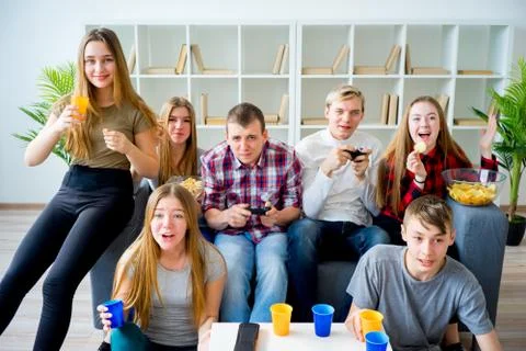 Friends playing a console game Stock Photos