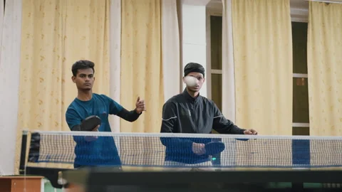 Friends Playing Intense Indoor Table Tennis Match Stock Footage 319216127