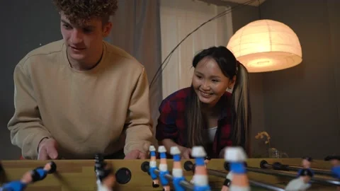 Friends Playing Table Soccer Game Having Fun Stock Footage 150290780