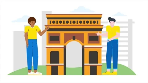 Friends posing cheerfully by the iconic Arc de Triomphe in Paris illustration Stock Footage 284294104