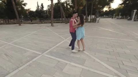 Friends practicing dancing hobby in city square, drone shot Video stock 281339759