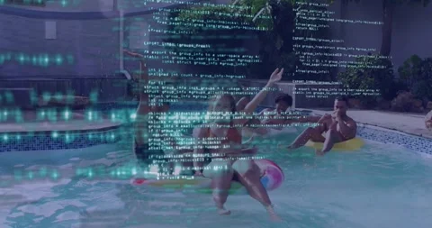 Friends on rings noticing camera and splashing water as tech code overlay Stock Footage 330179933