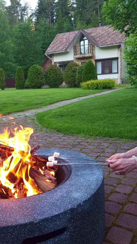 Friends roasting marshmallows on barbecue fire on lawn in backyard of house in Stock Footage 279024981