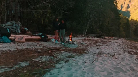 Friends roasting marshmallows over beach campfire during golden hour sunset Stock Footage 334798856