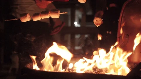 Friends Roasting Marshmallows over a open fire on a camping trip Stock Footage 129870337