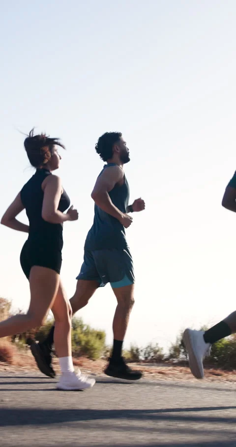 Friends, running or exercise in road with nature, training together or teamwork Stock Footage 337478395
