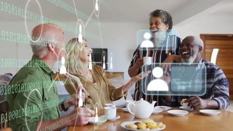 Friends sharing tea at table, gestures sparking digital net mapping profiles, Stock Footage 332667111